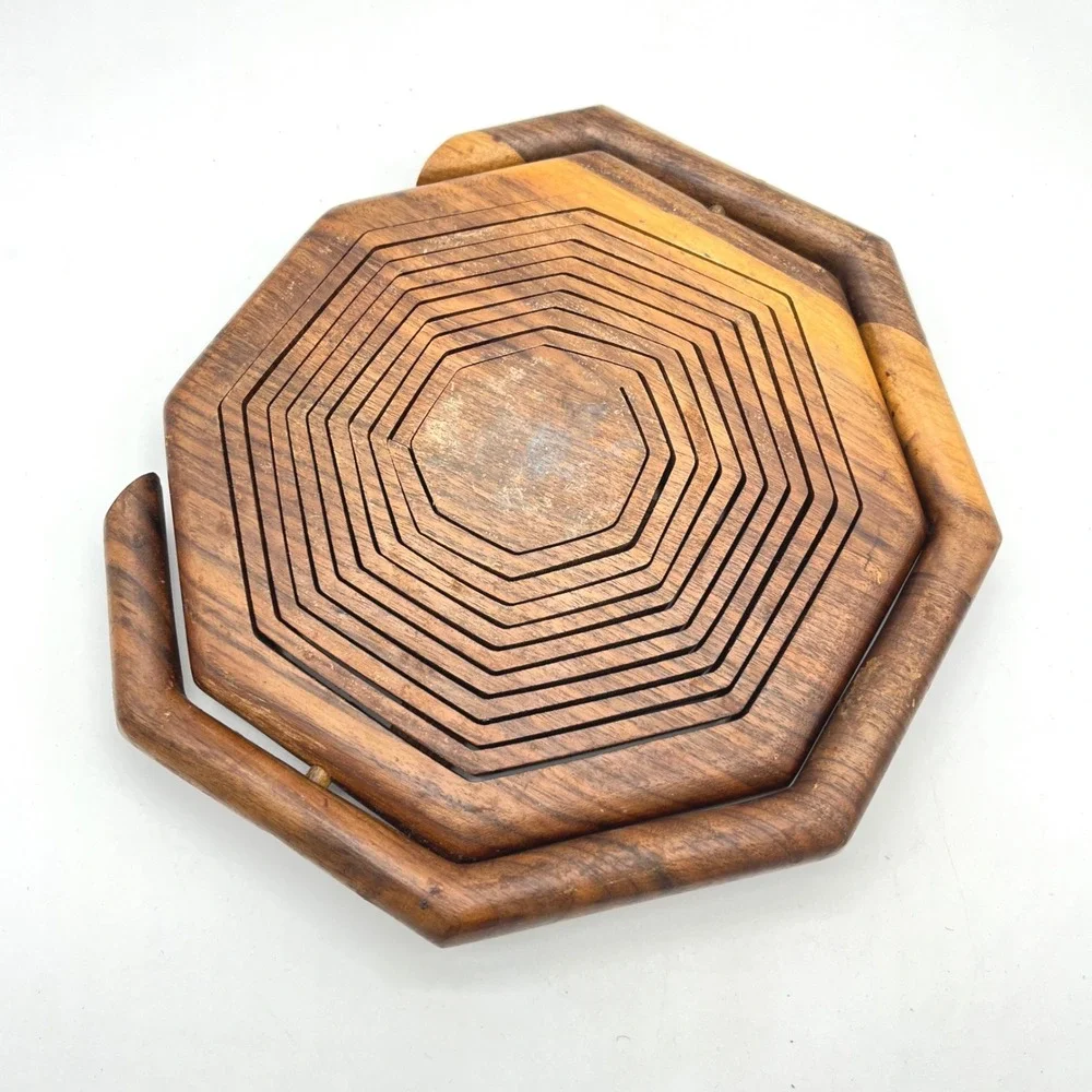 Vintage Wooden Accordion Fruit Basket Hexagonal Foldable Serving‎ Tray Handle